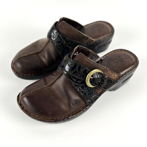 BOC Born Concept Brown Clogs wedge heel brass buckle tooled black straps SZ 8 - Picture 4 of 12
